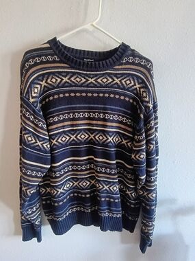 NorthCrest Fair Isle Sweater Mens Large Navy Cream Knit Crewneck Ramie Cotton